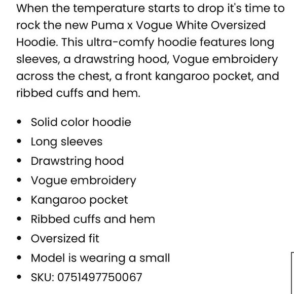 PUMA X VOGUE WOMEN’S WHITE OVERSIZED HOODIE WITH FRONT KANGAROO POUCH POCKETS - Picture 8 of 12